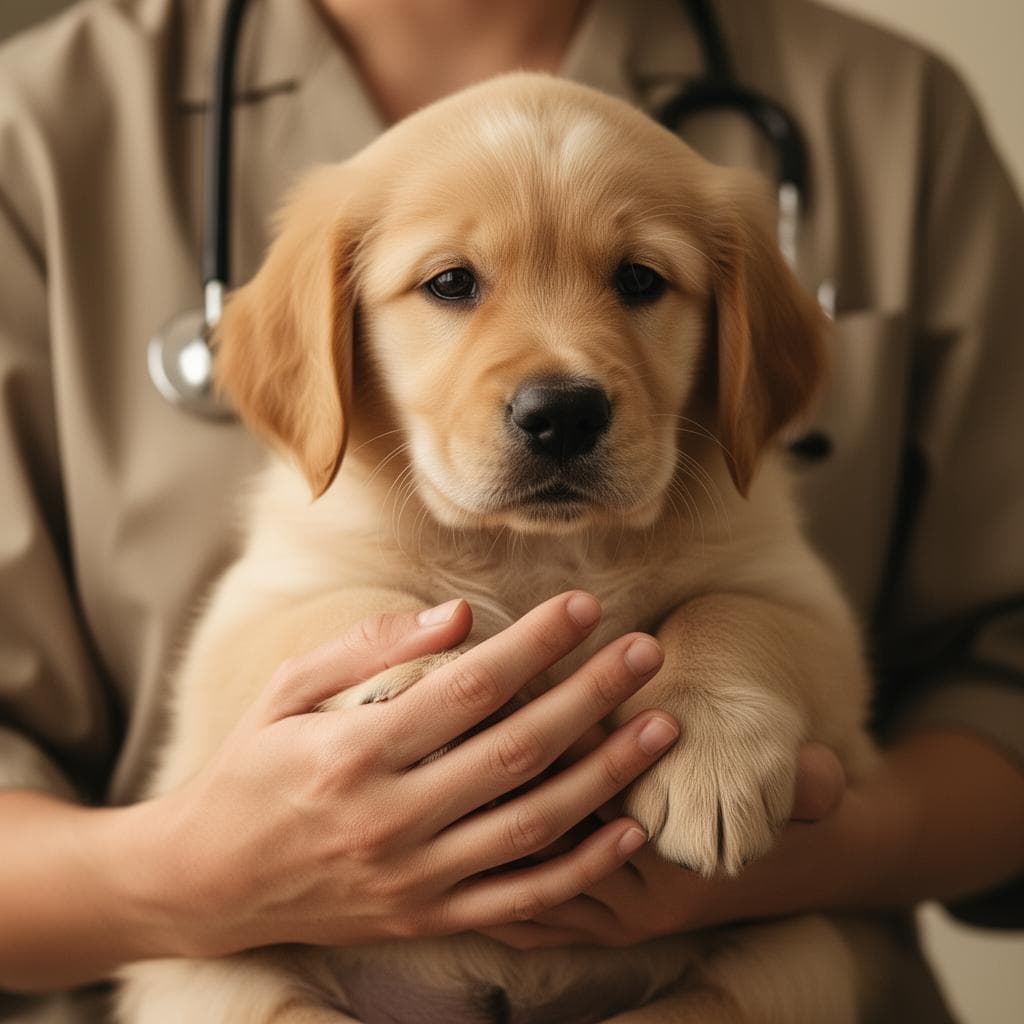 Veterinarian holding a golden puppy